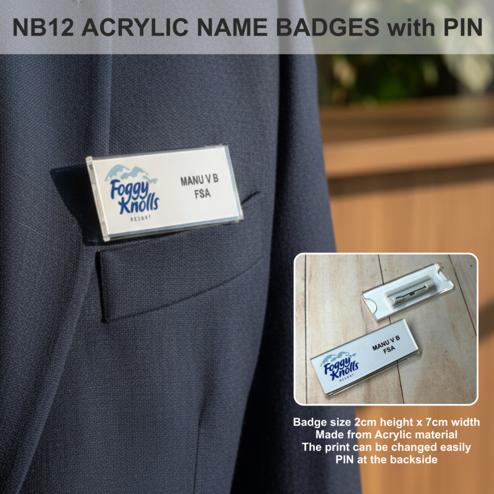 NB12  ACRYLIC NAME BADGES with PIN